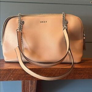 DKNY Beige Pebbled Leather Shoulder Bag with Chain Straps